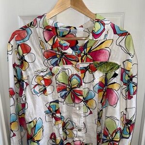 Chico’s Long Sleeve Button Down Womens Sz 3 XL 100% Linen Colorful Floral Artsy